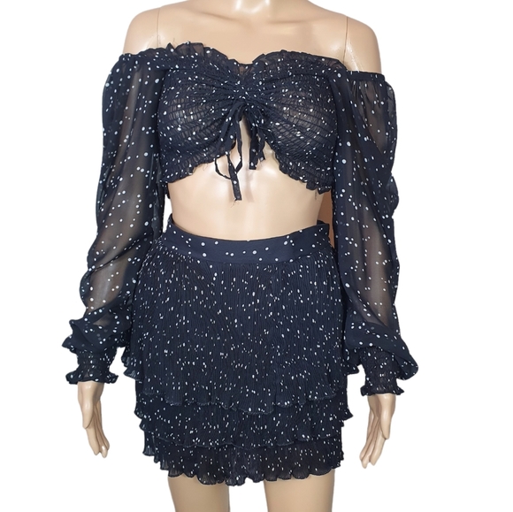 Polka dot skirt set black Crop Top,pleated Ruffled tiered Mini Skirt Size M - Picture 4 of 6